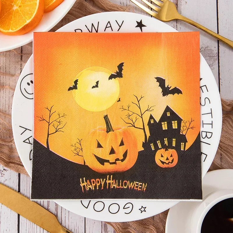10/20pcs 2-Ply 33cm Halloween Pumpkin Bat Noir Pattern Printed Party Paper Napkins Halloween Elements Decorative Paper Placemats