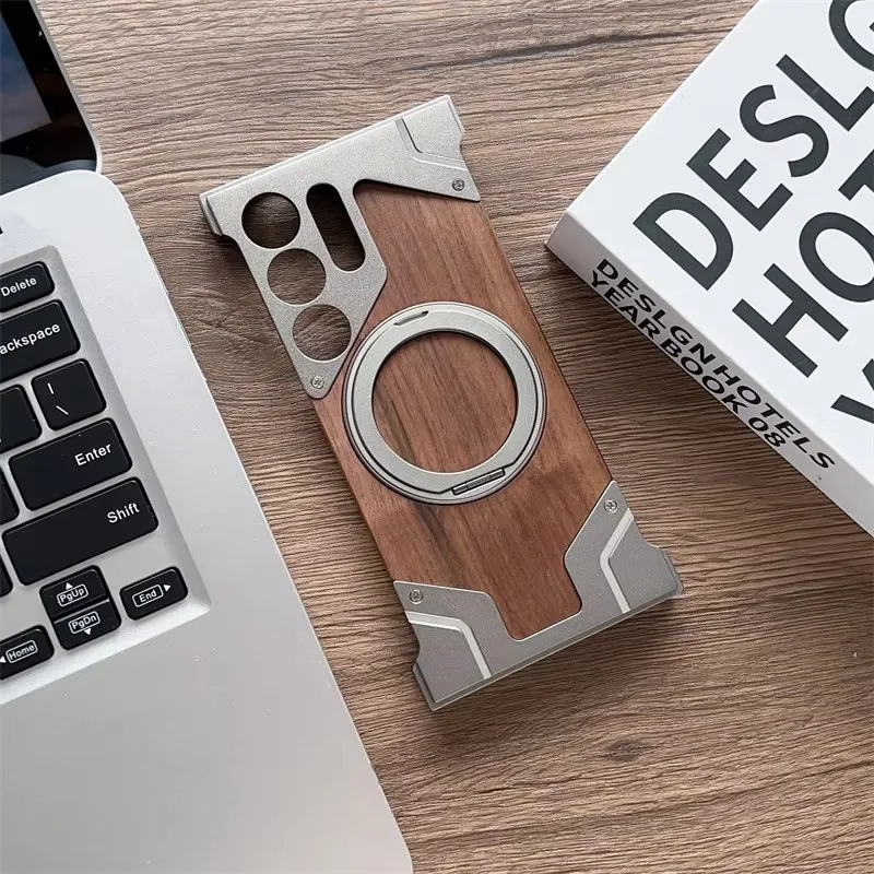 Walnut Wood Metal Armor Case with 360° Rotating Magnetic Bracket - Shockproof Cover