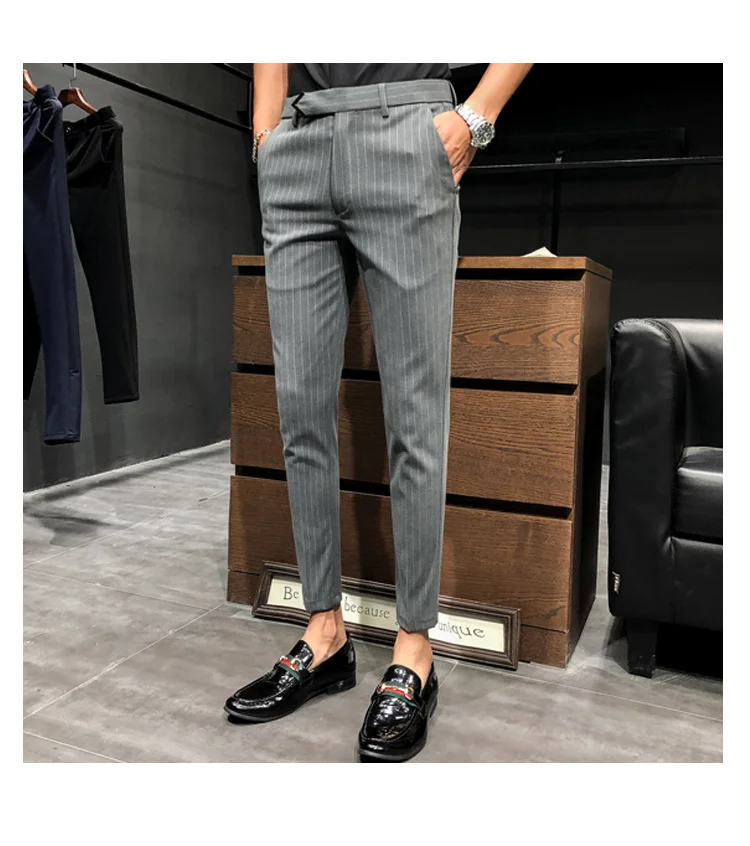 black blazer for men Style British Suit Pants Men Dress Pants Social Slim Fit Office Trousers Men Grey 2022 Spring New Striped Belt Trousers Men's casual blazer