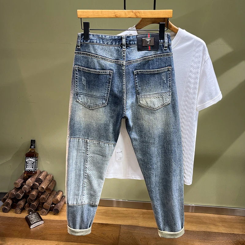 Personalized embroidery vandalism patches men's jeans fashion designer splicing streetwear men's skinny jeans pants