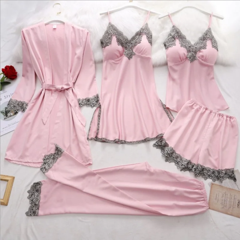 2024 New Top Ice Pajamas Women's Sexy Nightgown Lace Five Piece Set Simulated Silk Spring/summer Home Pajamasets