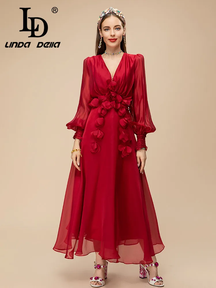 

LD LINDA DELLA 2023 Summer Runway Elegant Party Dress Women's Red V-Neck High Waist Applique Chiffon Slim Fit Long Dress