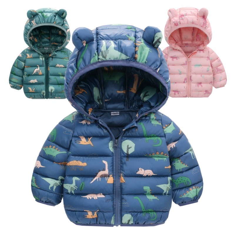 Children Boys Baby Hooded Lightweight Down Jackets Warm Outerwear Autumn Kids Girls Coats Cartoon Dinosaur Print Casual Clothing