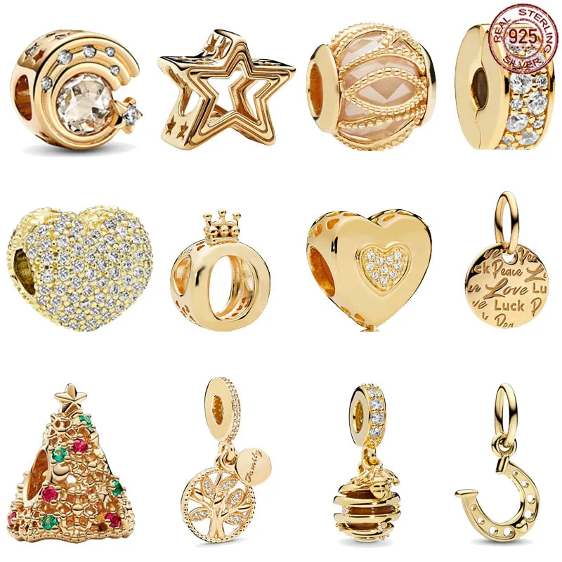 

New gold series 925 sterling silver classic Christmas tree star pendant fits original Pandora bracelet DIY gift