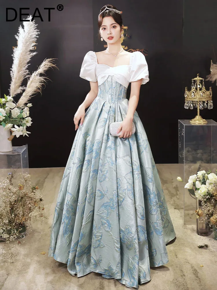 

DEAT Women's Fashion Dress Short Sleeve Lace-up Patchwork Folds Printing Bowknot Elegant Pleated Dresses Spring 2024 New 35Z54