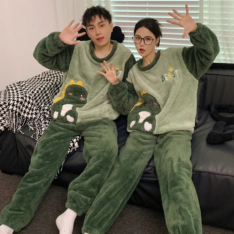 

Couples Pajamas Sets Women Men Winter Thicken Pyjamas Sleepwear Cartoon dinosaur Korean Lovers Homewear Soft Warm Pijama Unisex