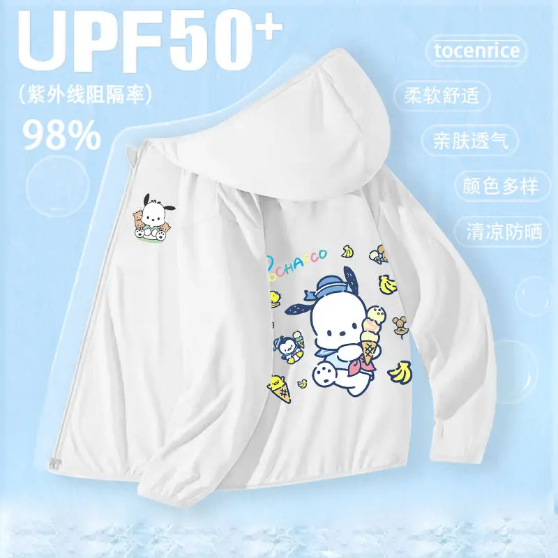

2024 Pochacco Children Sunscreen Clothes Kawaii Sanrioed Anime Tops Summer Sweet Cute Cartoon Ice Silk Thin Jacket Gift for Kids