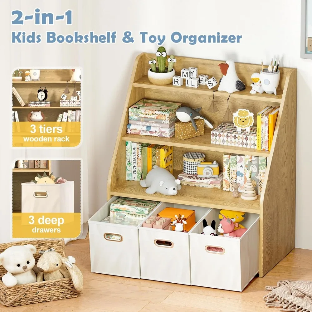 Kids Bookshelf and Toy Organizer, Wooden Kids Bookcase, Toddler Montessori Bookshelf with 3 Movable Drawers, Toy Storage 3
