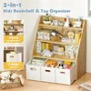 Kids Bookshelf and Toy Organizer, Wooden Kids Bookcase, Toddler Montessori Bookshelf with 3 Movable Drawers, Toy Storage 3