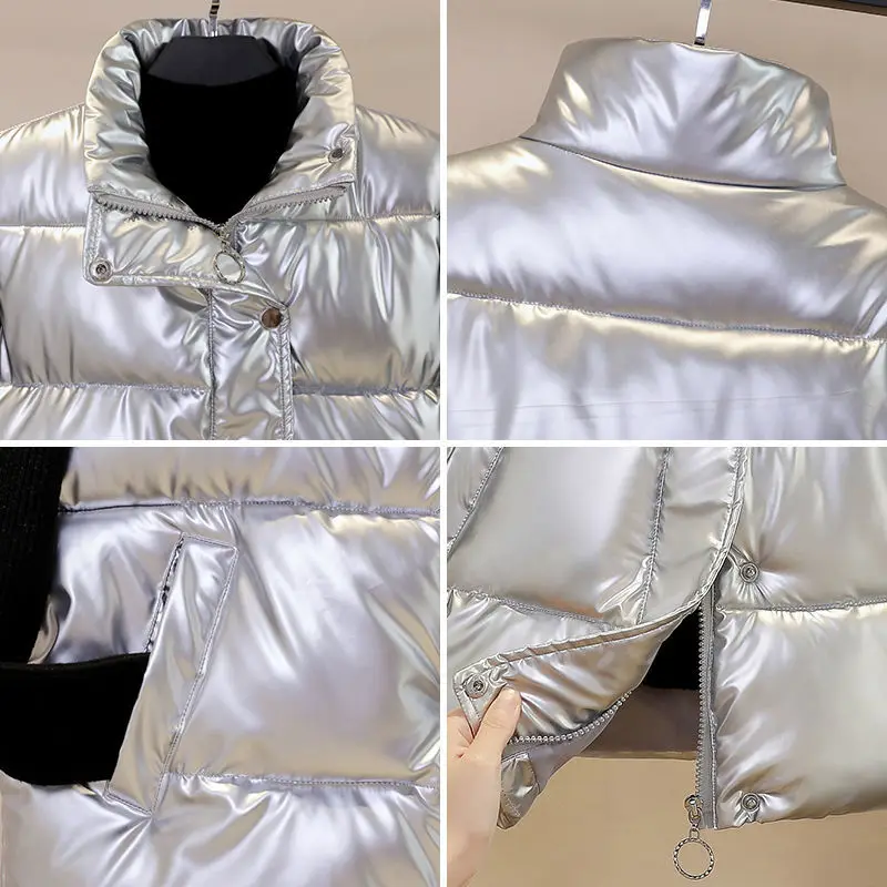 Zipper Spring Vest Short Outerwear Camisole Casual Standing Collar Slim Fit Versatile Tank Top Shiny Women Waistcoat Clothing