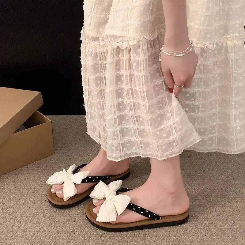 Women Slippers Fashion Cute Bow Anti Slip Sandals Wear-resistant Comfortable Soft Sole Flat Heel Beach Outdoor Slippers
