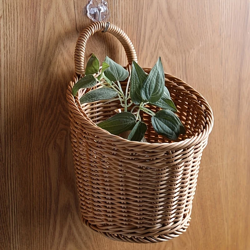 3 pieces of bamboo-like wall-mounted storage baskets, plastic woven hanging baskets, multi-functional sundries containers 6