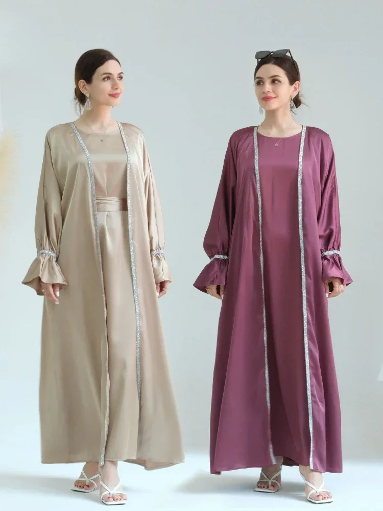2 Pieces Set Satin Open Abaya Dress