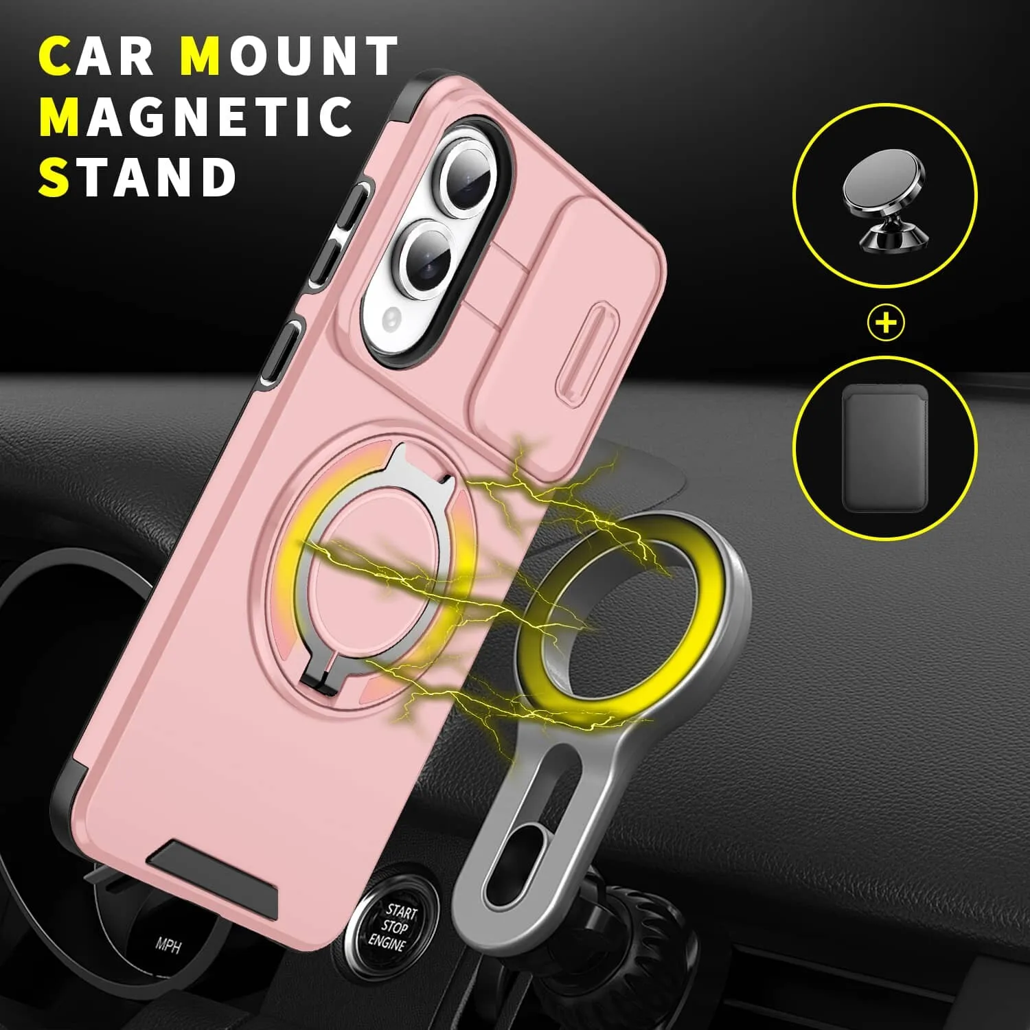 Heavy Duty Shockproof Armor Case with Slide Camera Lens Cover, Built-in Stand & Magnetic Car Mount