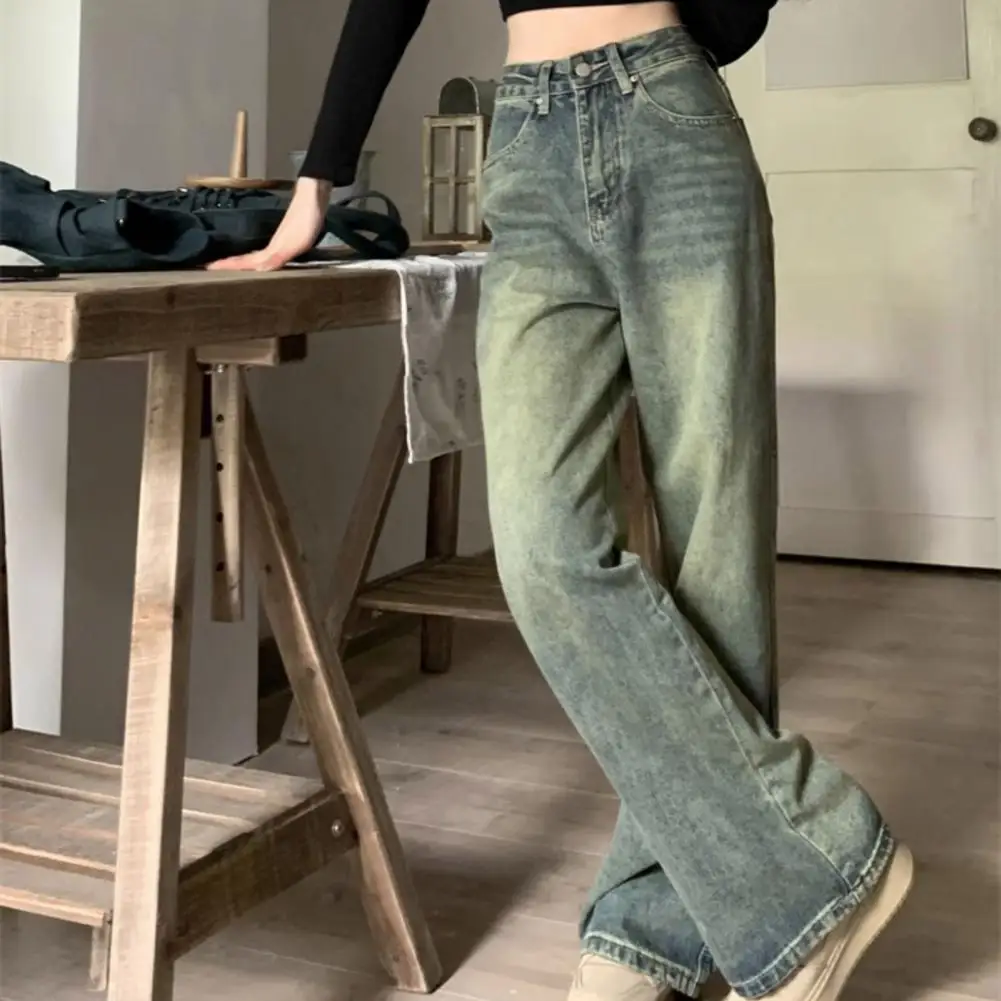 Women Denim Jeans Retro Distressed Wide Leg Women's Jeans With High Waist Zipper Button Closure Soft Denim Floor Length Straight adagirl y2k denim flare pants slim canvas belt low wasit full length zipper straight slouchy jeans women autumn fashion 2023 alt