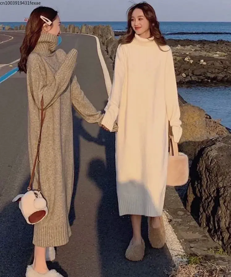 

Black White Grey Casual Korean Style Solid Warm Woman Knitted Thick 2023 Turtleneck Sweater Dress Women Jumper Dresses Winter
