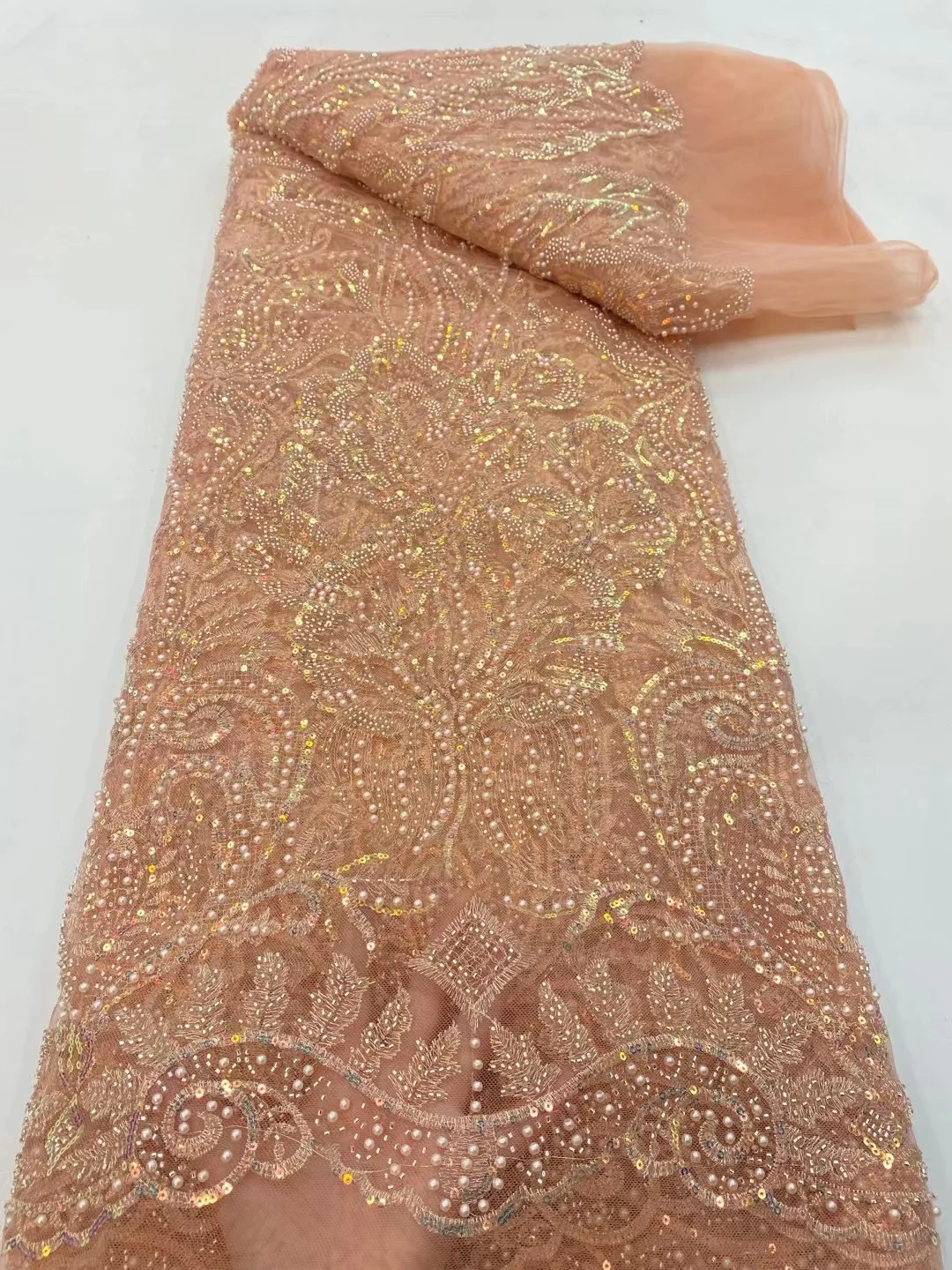 African New Arrival Luxury Sequins 5 Yards Mesh Fabric 2022 French High Quality Handmade Beaded Tulle Lace Women Dinner Dress 