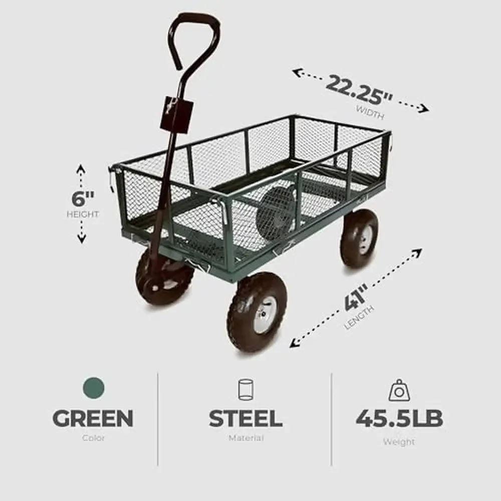 4-Wheel Steel Garden Cart w/ Mesh Sidewalls & Handles Convertible Trailer Hitch Durable Versatile Effortless Mobility 38x20