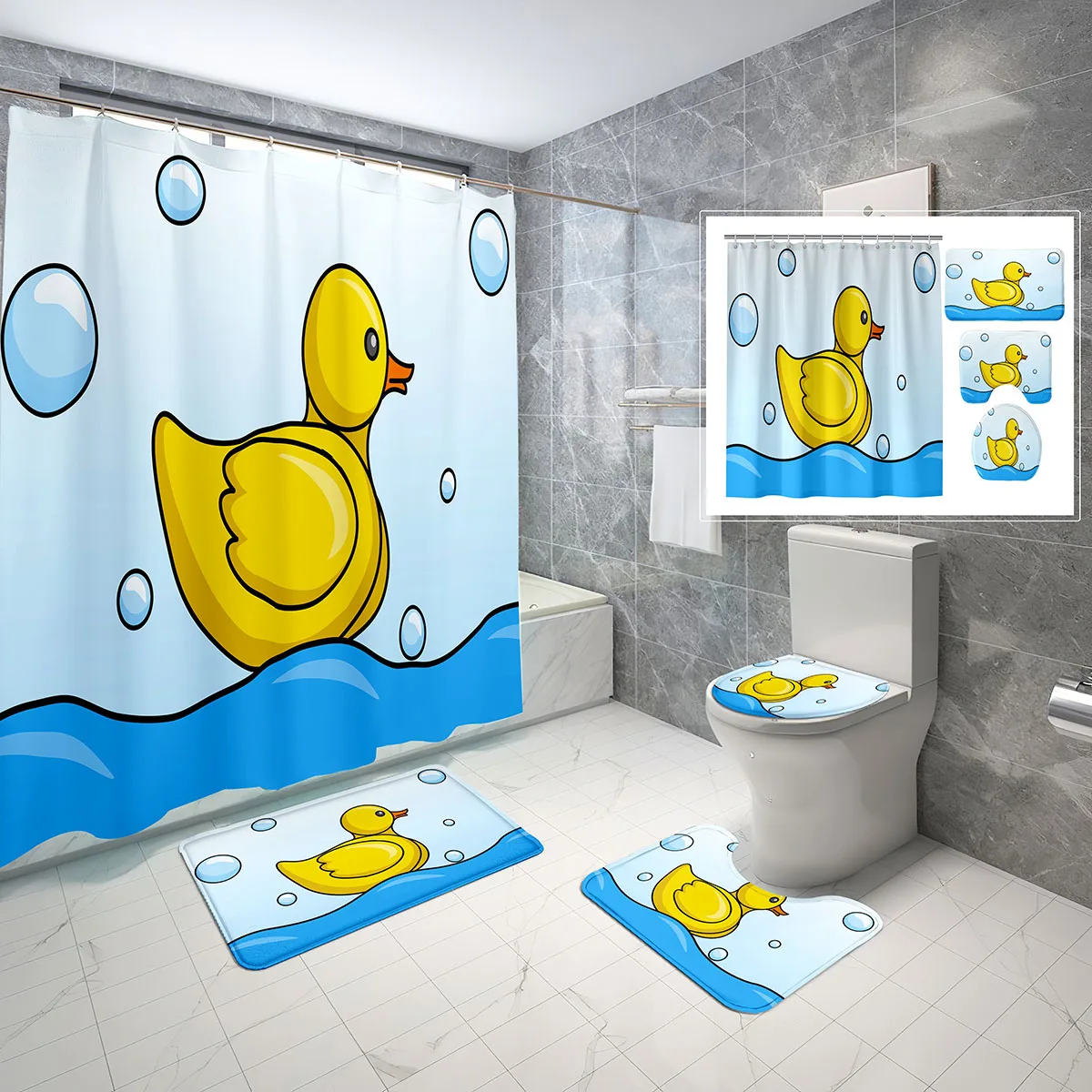 

4 Pcs Cartoon Duck Shower Curtain Sets Cute Yellow Duck Fun Bubbles Non-slip Bath Mat Toilet Lid Waterproof Shower Curtain Set