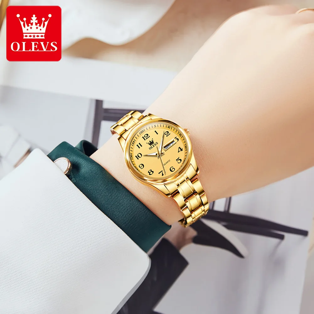 OLEVS 5567 Gold Stainless Steel Couple Watches Pair Men and Women Fashion Quartz Wristwatches Luxury Waterproof Lovers Watch Set