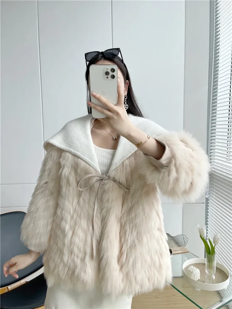 Real Fox Fur Coat Women's Clothing Long Young Fur Coat Large Lapel 2023 Autumn Winter Knitted Thick Warm Fur Lace Fluffy Jacket