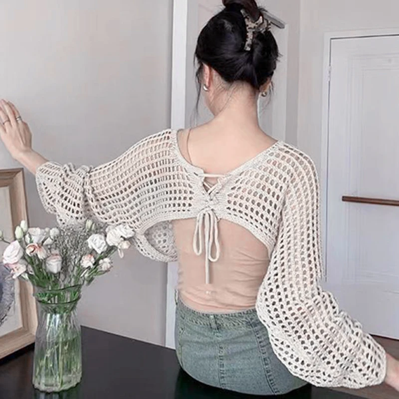Summer Fashion Lace-up V-neck Long Sleeve Hollow Knitted Cardigan Women's Crop Top 4