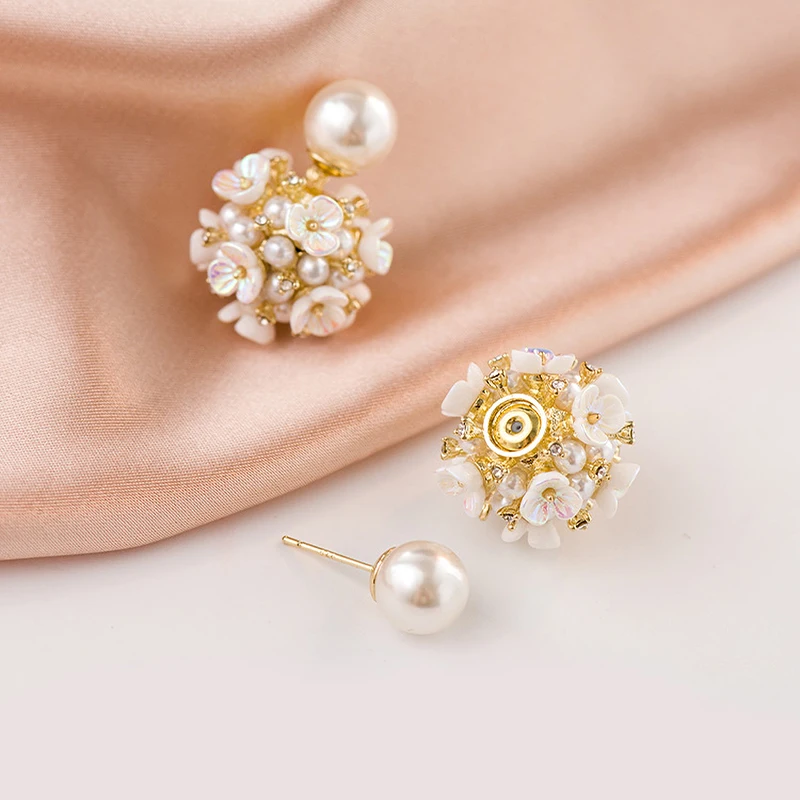 White Flower Pearl Stud Earrings - Gold Plated, Cubic Zirconia, Boho Minimalist Style - View #4