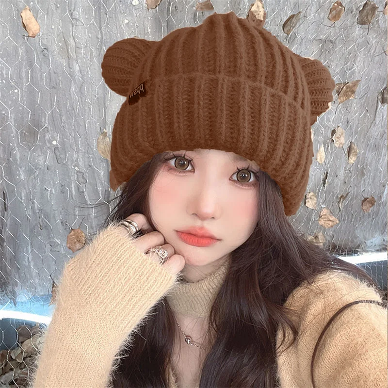 

Cute Bear Ears Hat New Large Loose Knitted Cap Fashion Thickened Warm Women's Hat Soft Ears Ear Protection Cap