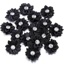 Elegant Handmade Satin Ribbon Flowers with Rhinestone Accents - Set of 20 Decorative Pieces for Clothing and Crafting (Black)