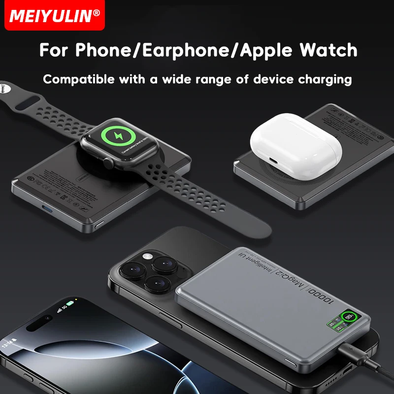 10000mAh 15W Wireless Power Bank Magnetic Charger for Apple Watch USB C Fast Charging External Battery for iPhone Samsung Xiaomi 5