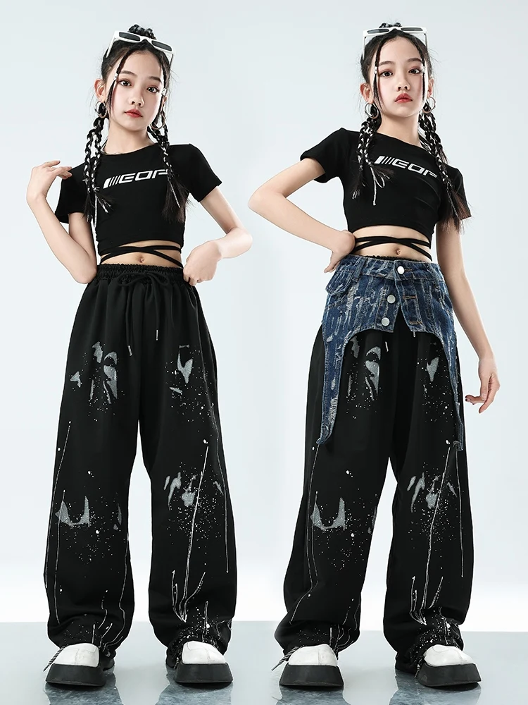 Summer Girls Clothes Jazz Costume Black Crop Tops Pants Hip Hop Dance Clothing Kids Kpop Group Performance Stage Outfits BL12561