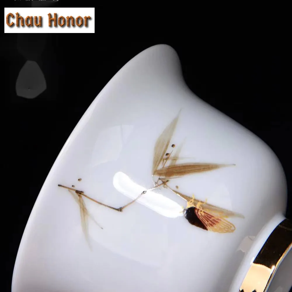 180ml Pure Gilded Silver Gaiwan Creative Hand Painted Sheep Fat Jade Cup Saucer Tea Tureen Tea Brewing Cover Bowl Teaware Craft