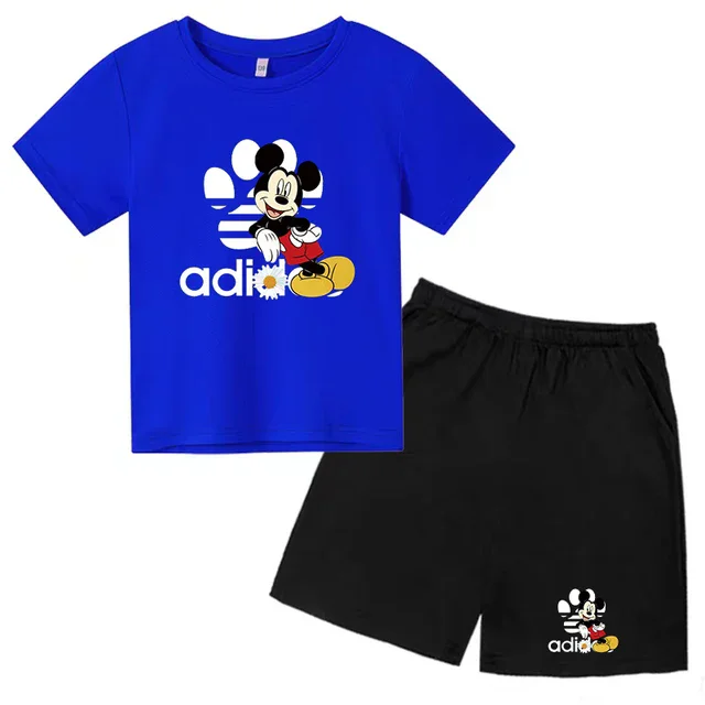 thumbnail image 1 of Conjunto de 2 piezas de camiseta y pantalones cortos de marca Disney de manga corta de verano para niños y niñas, conjuntos de moda para bebés de 2 a 12 años, 1 of 5