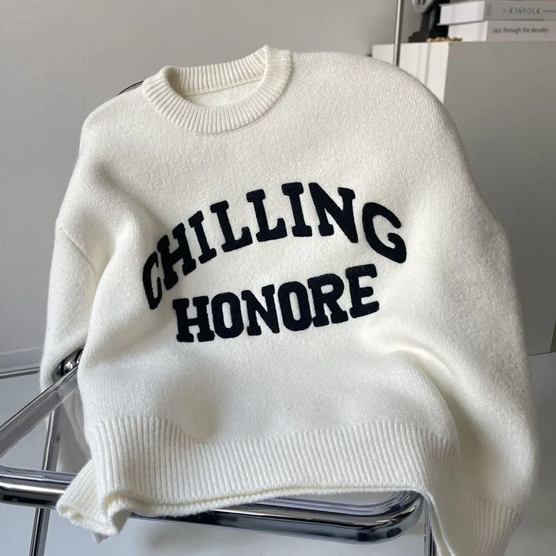 

Letter Embroidery Women Knit Sweater Fashion Korean Loose Long Sleeve O Neck Pullover Fall Winter Thick Warm Preppy Soft Jumper