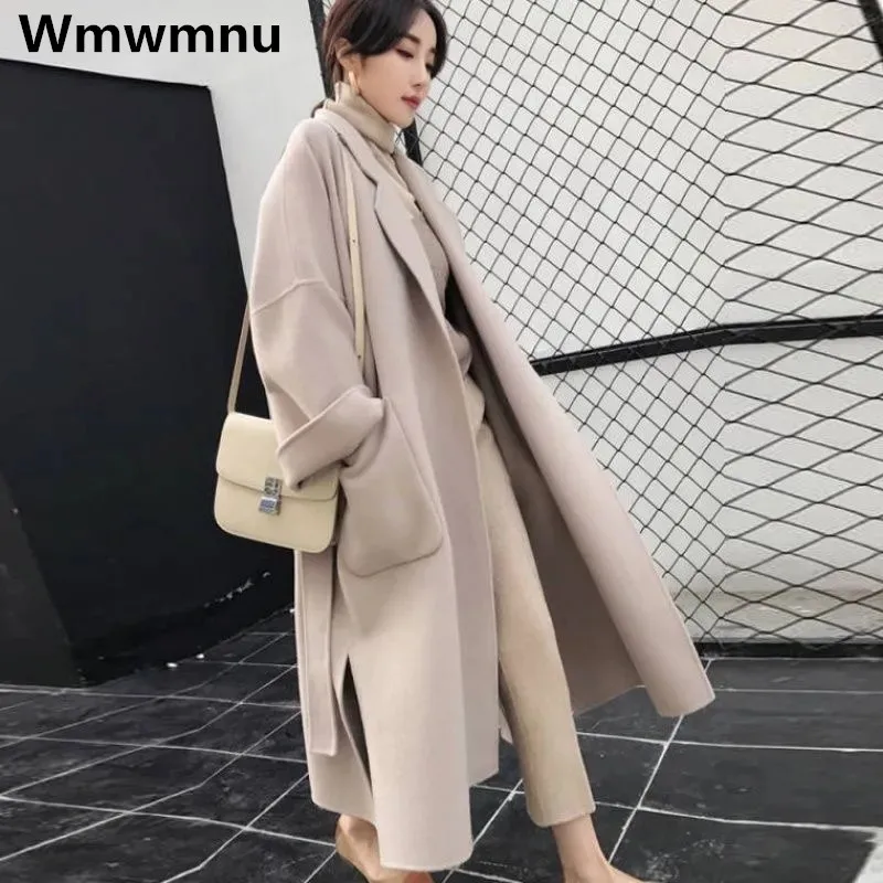 

Women's Warm Woolen Coats Winter Korean Fashion Mid Length Jacket Belt Cardigan Loose Chaquetas Casual Oversized 4xl Overcoat