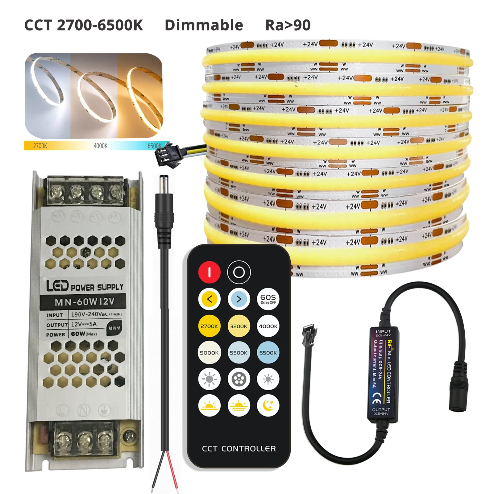 

2pin Wires Input 2700K-6500K Color Change Dimmable COB LED Strip Tape Linear Lights Kit 5M Remote Control 24V 100W Power CRI90
