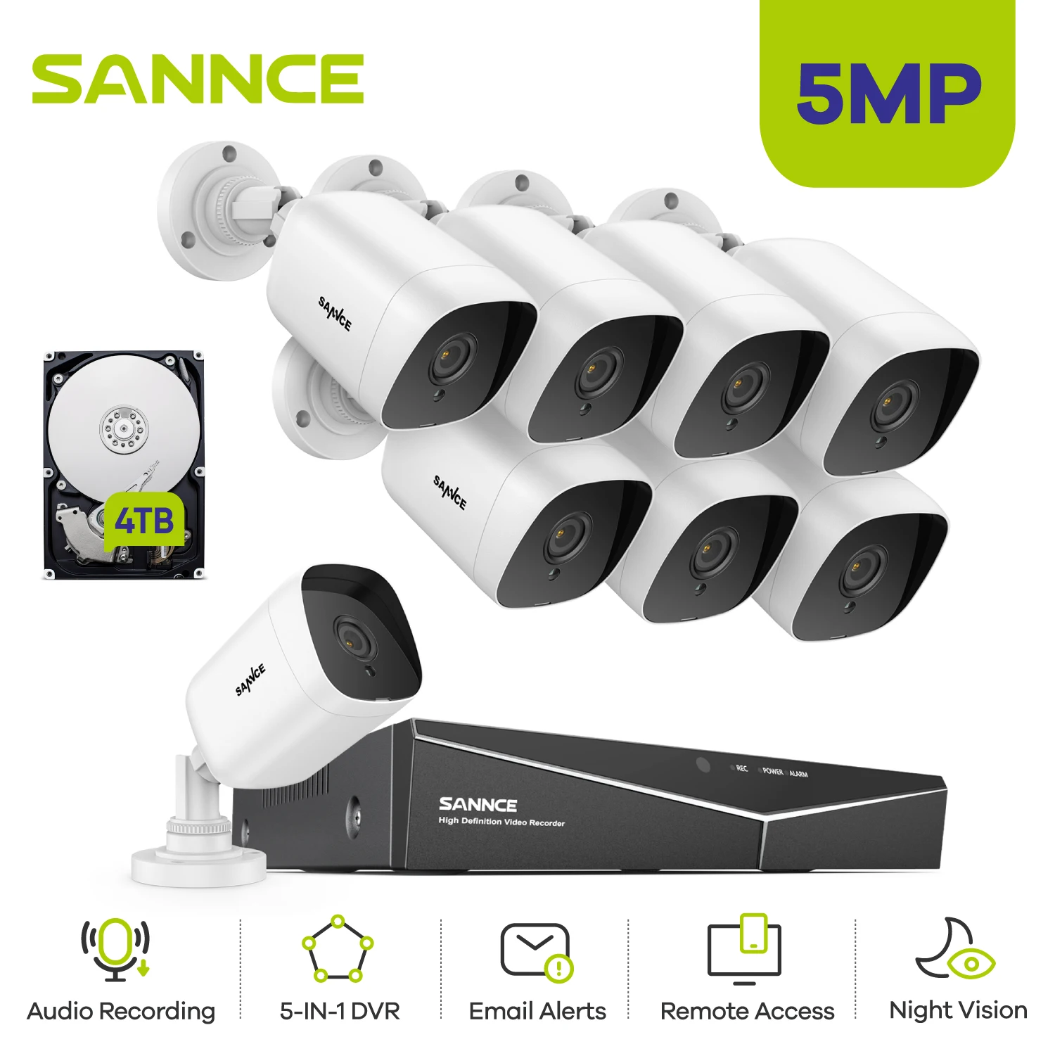 

SANNCE 8CH 5MP-N HD DVR Home Security Camera System 8pcs 5MP AI Human Detection IP66 Outdoor Cameras Surveillance CCTV Kit