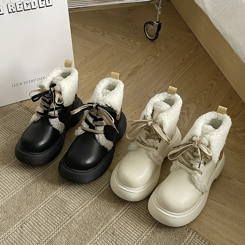 

Mid-Calf Short Plush Winter Boots for Women2023 Fashion Square Heel PU Ladies Shoes Solid Round Toe Boots Zapatos Para Mujeres