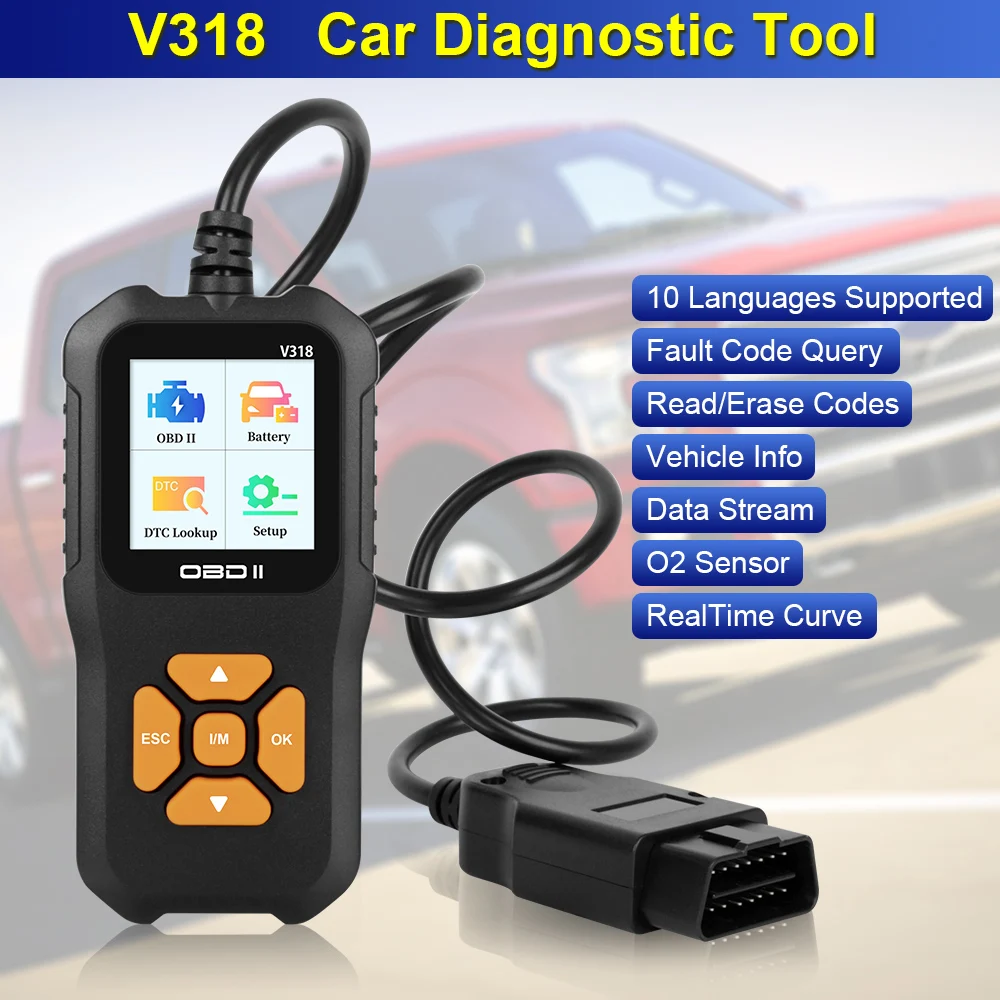 

Check Engine System Multi-language Clear/Erase Codes V318 Battery Tester Code Reader Car Diagnostic Tool OBD2 Scanner