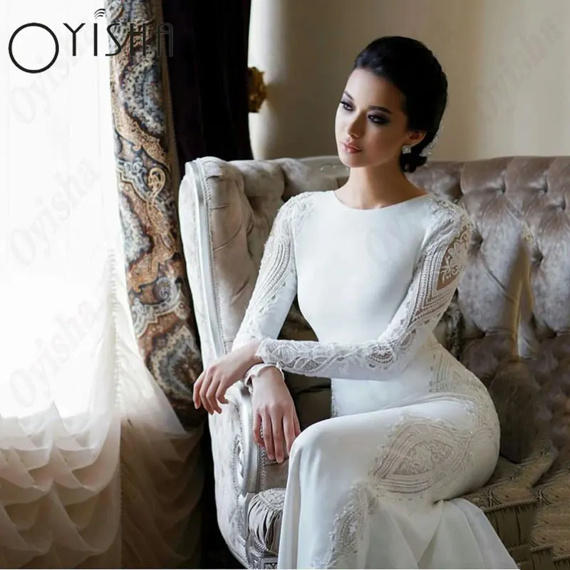 OYISHA Mermaid Appliques Muslim Wedding Dresses Elegant Satin O-Neck Full Sleeve Bridal Gowns Button Classic Vestido De Mariages 3