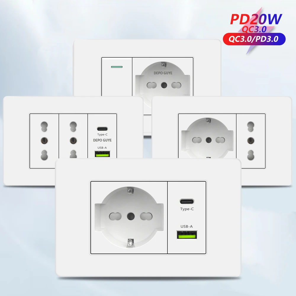 สีขาวอิตาลีชิลี USB สมาร์ท Type-c 20W Fast CHARGING Wall Power Socket พลาสติกชิลี Schuko Dual USB ปลั๊กทีวี TEL คอมพิวเตอร์ 1