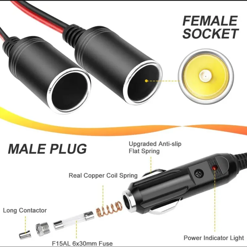 Car Cigarette Lighter Power Adapter Jumper Splitter Female Socket Plug Extension Cord Cable 12V 24V 1 to 2 cigarette lighter charger,car cigar lighter seat,cigar lighter mother seat