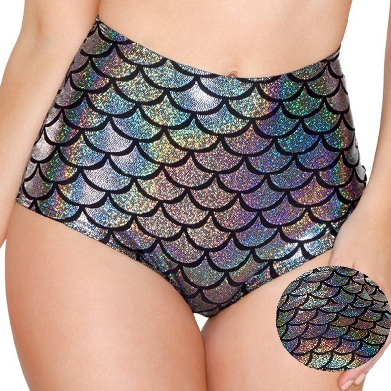 

Women Shiny Fish Scale Pattern Hot Pants High Waist Shorts Party Rave Pole Dancing Costume Mermaid Cosplay Swimwear Clubwear