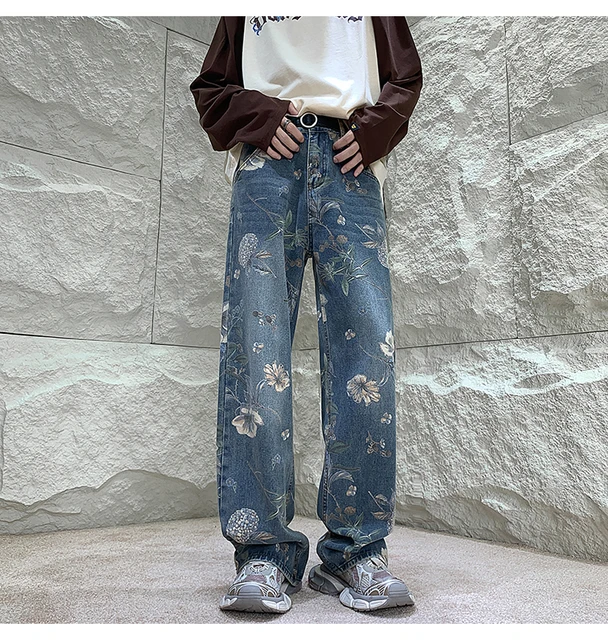 Streetwear Floral Print Jeans Mens Baggy Jeans Men Y2k Baggy