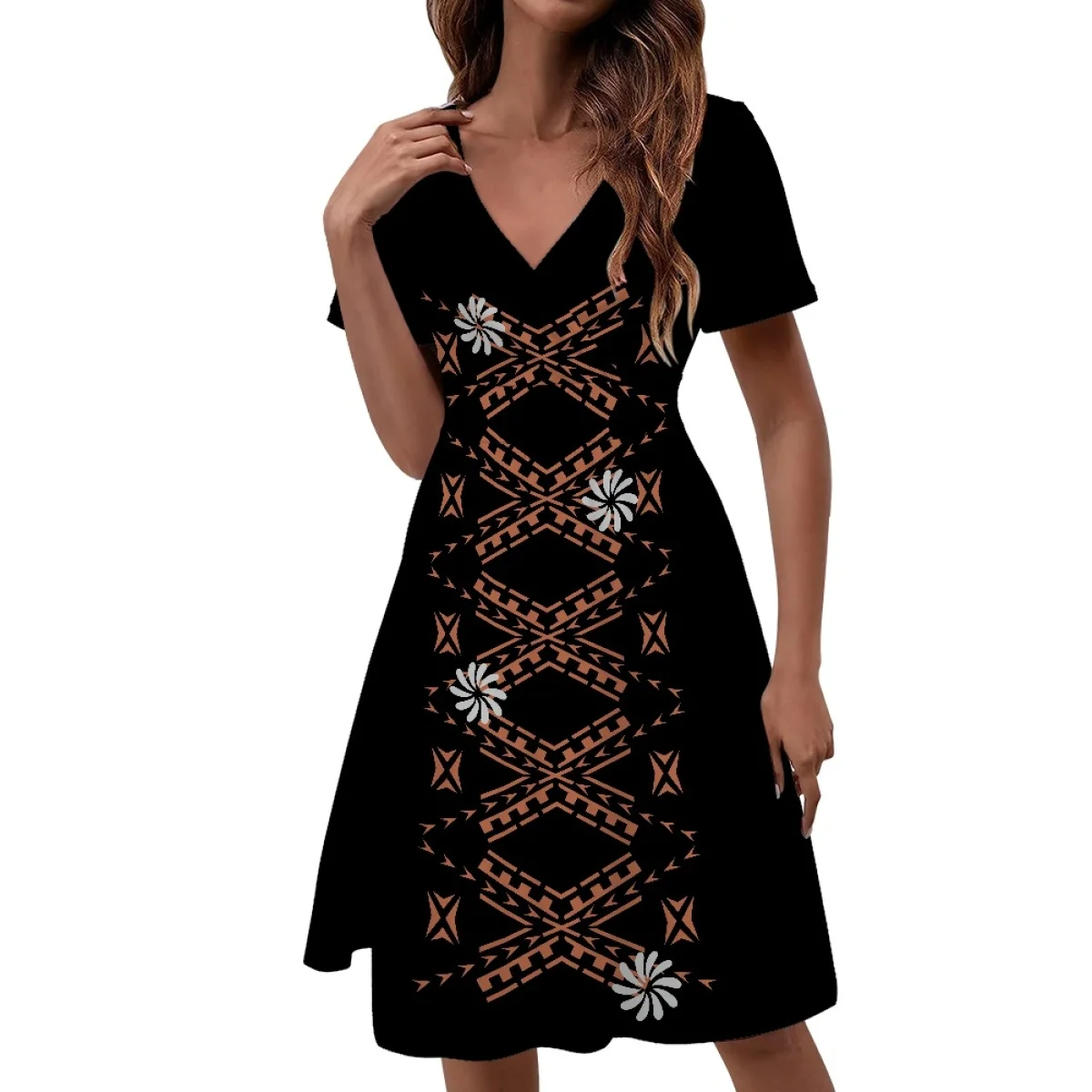 

Женское платье средней длины с коротким рукавом, Повседневное платье с цветочным принтом и V-образным вырезом, с двумя боковыми карманами