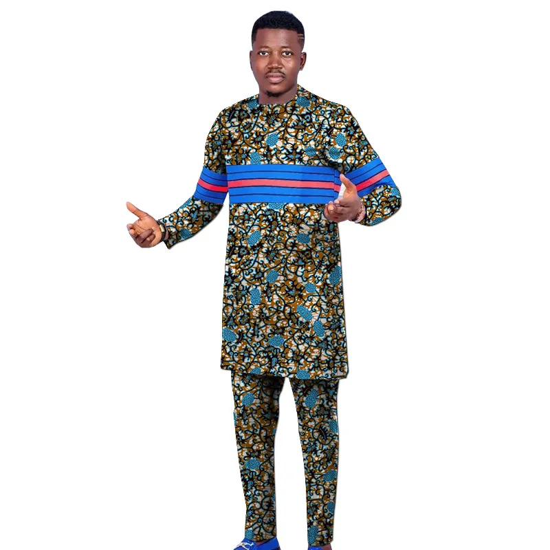 Multiple Parallel Stripes Patchwork Tops With Pants Men's Set Male Nigerian Outfits African Wedding Party Garments