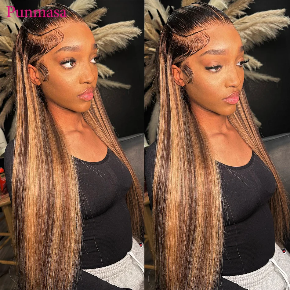 

4/27 Highlight Honey Blonde Colored 13x6 Lace Frontal Wigs Bone Straight 5x5/13x4 Transaprent Lace Wig PrePlucked 200% Density