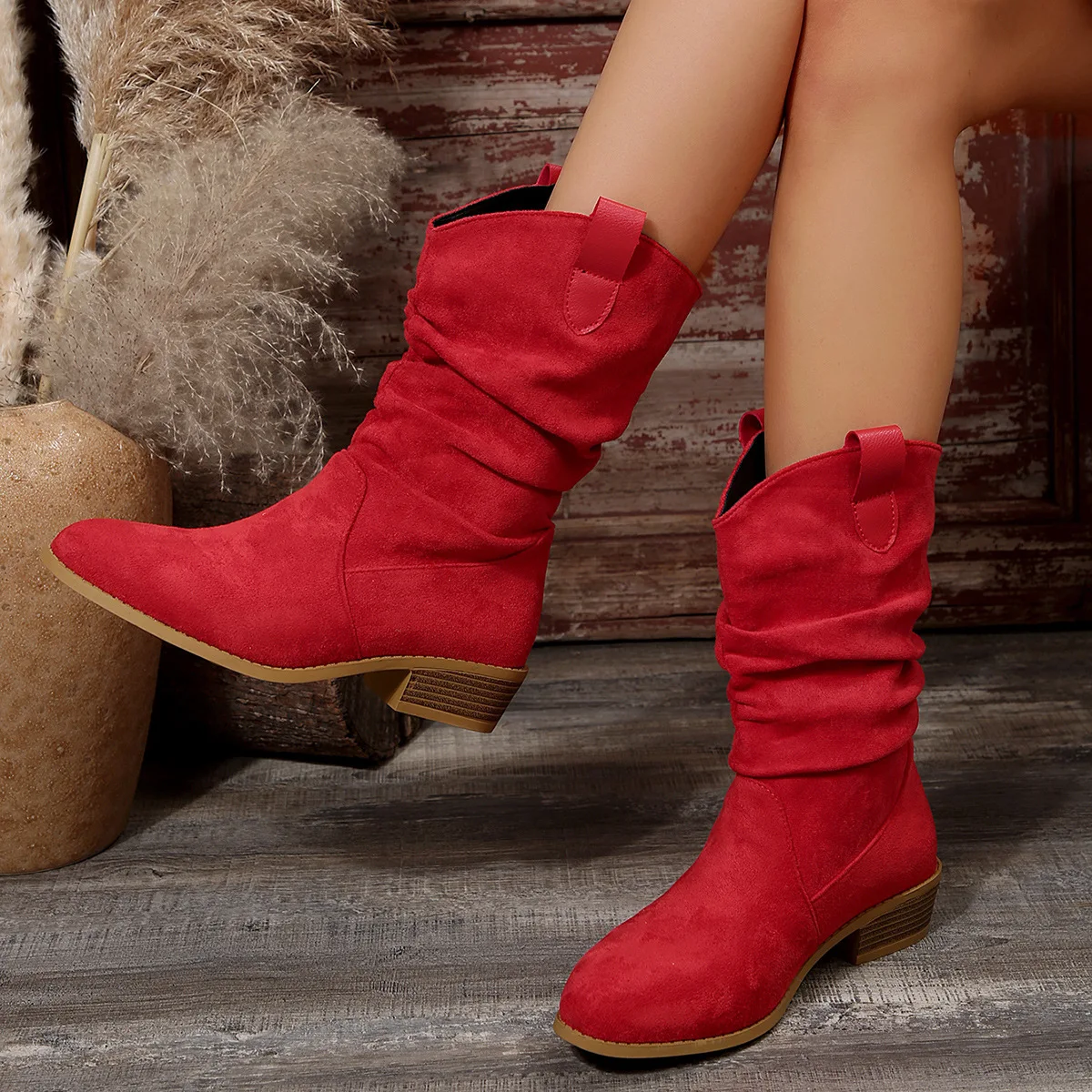Female Shoes on Sale 2024 New Slip on Women's Boots Spring Autumn Pointed Toe Solid High Tube Chunky Heels Plus Size Boots
