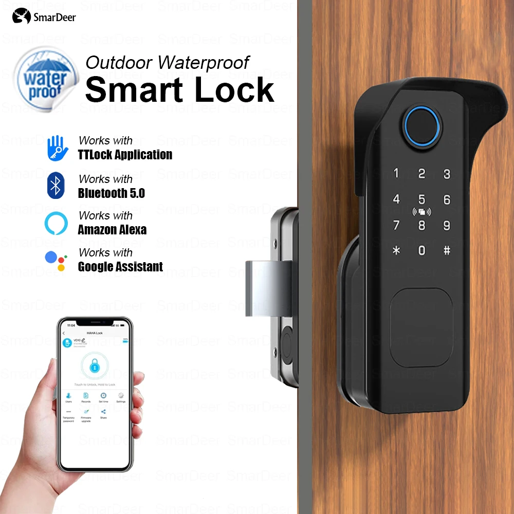 

SmarDeer электронный замок для TTLock, Водонепроницаемый умный дверной замок с Bluetooth, биометрический замок с распознаванием отпечатков пальцев, 5 в 1, бесключевой доступ