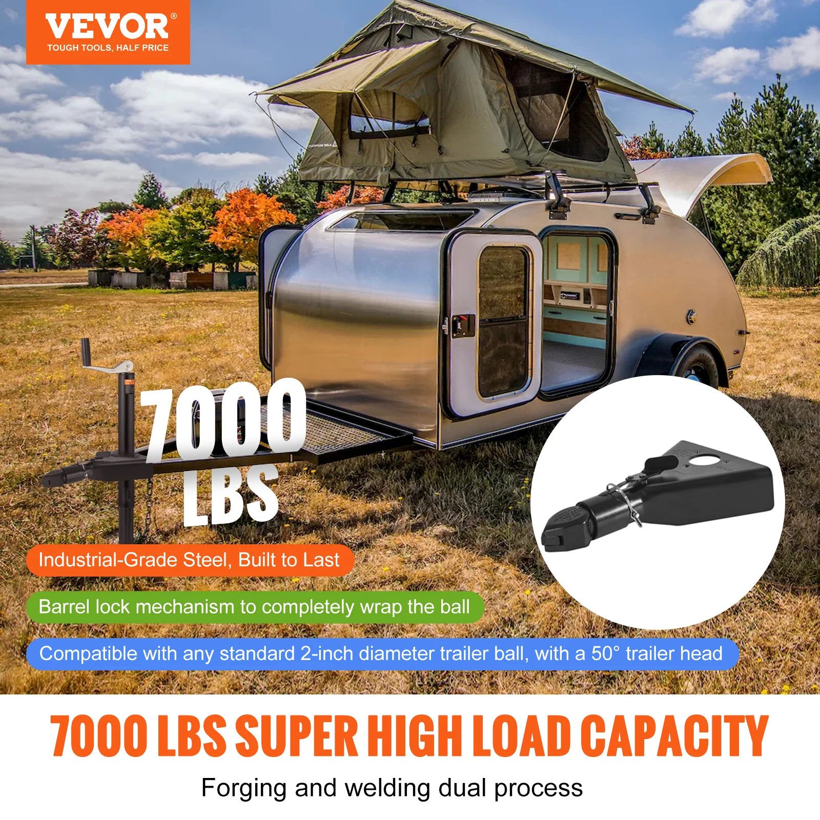 VEVOR 7000 lbs A-Frame Trailer Coupler Fits 2-Inch Hitch Ball Size Channel RV Parts Camper Accessories Caravan Components